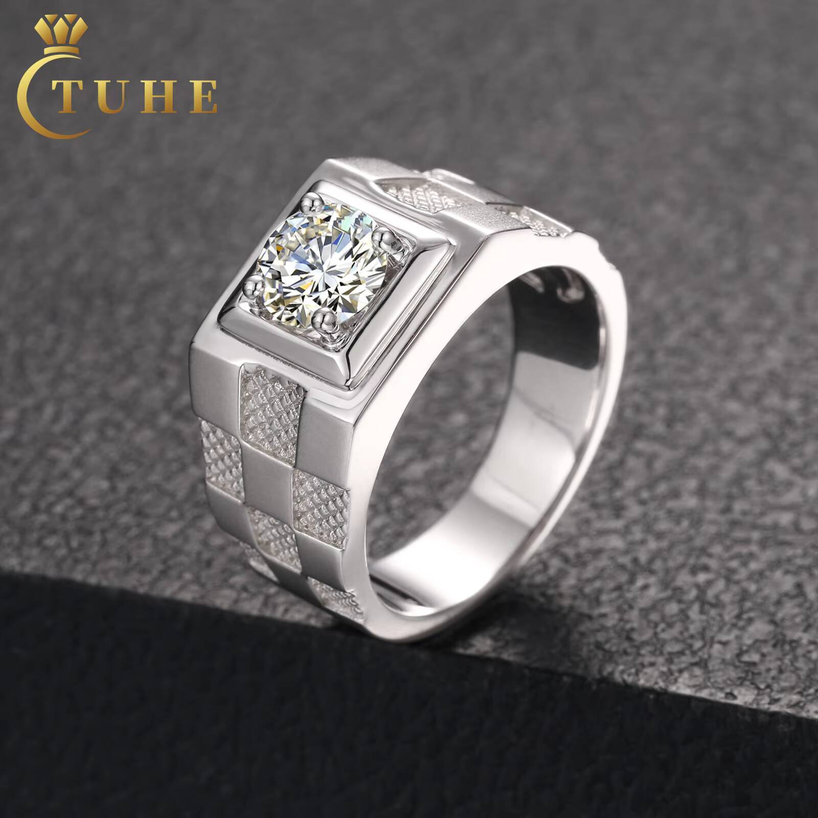 Factory Direct Sales Jewelry White Plating 925 Sterling Silver VVS Moissanite Checkerboard Design Hip Hop Ring for Men