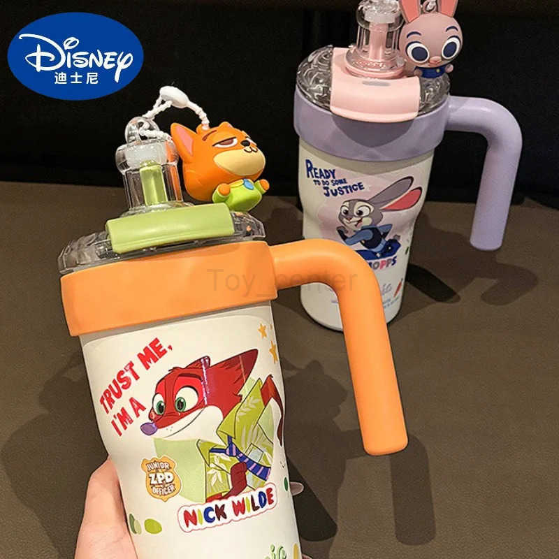 Disney 800ml Water Cup Zootopia Judith Nick Cartoon Anime Printing Accessories Kawaii Office Straw Cup with Handle Holiday Gift H251203