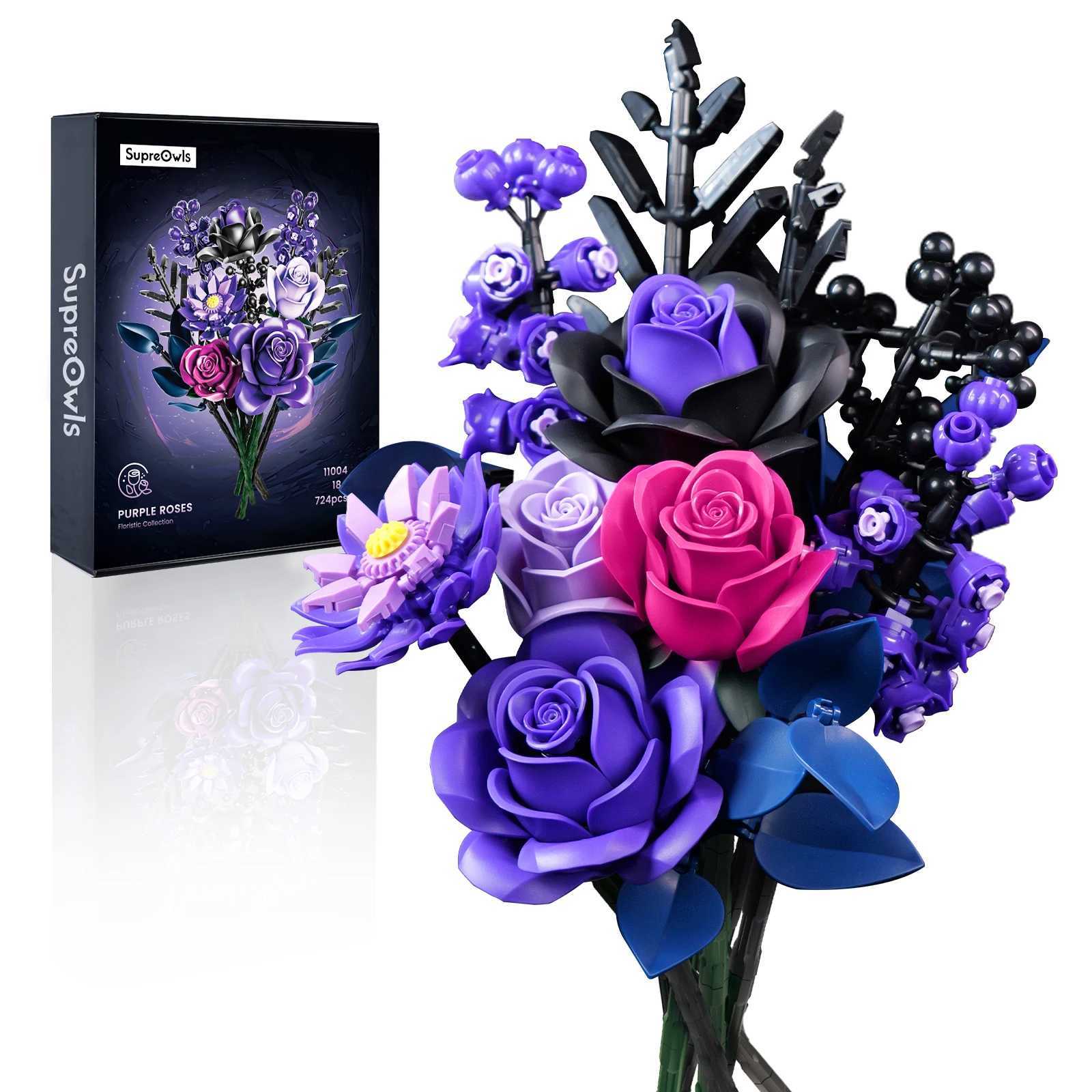 Purple Roses Blocks Flowers Building Set Simated Rose Wedding Floral He Decoration Bouquet Brick Toy Birthday Gift for Adt C251203