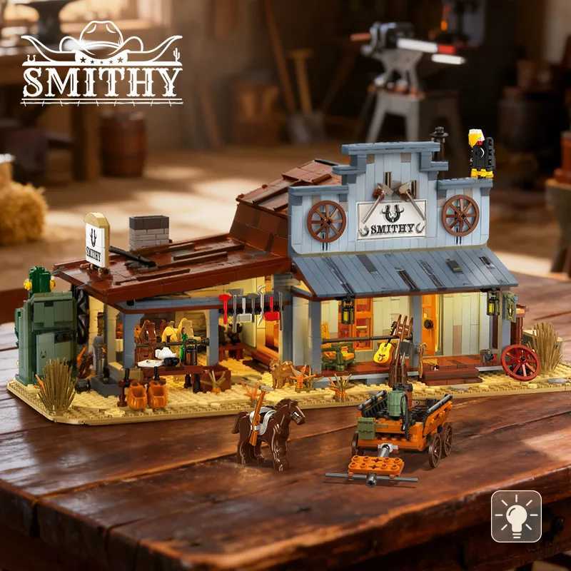 Western Blacksmith Shop Building Blocks Kit MOC Medieval Street Scene Grocery store with Carriage Model Bricks Diy Toy Kids Gift C251203