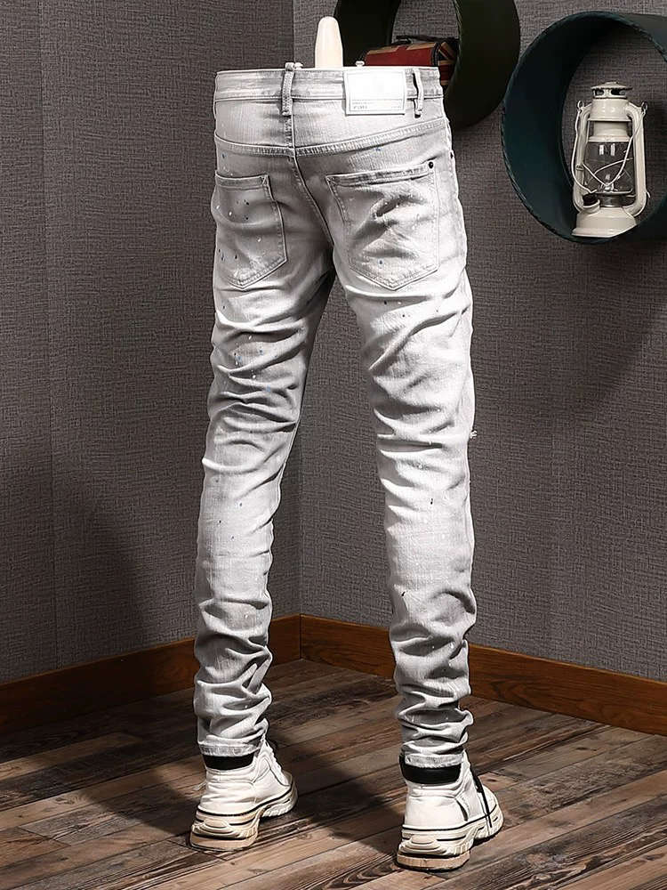 Gray Jeans Patchwork Distressed Whisker-Washed Slim Fit For Men's