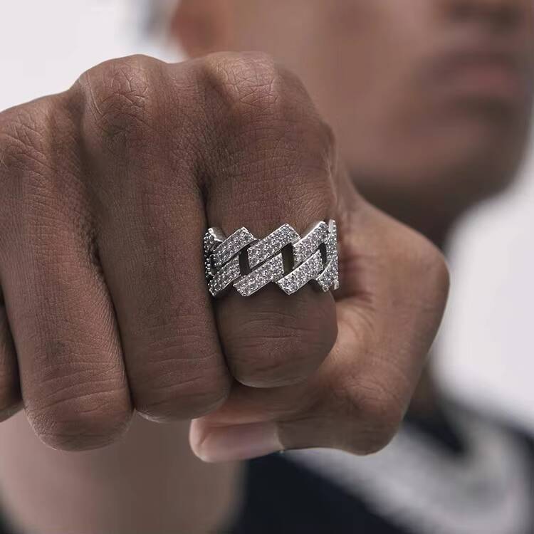 XingGuang in Stock Wholesale Price Moissanite Jewelry Cross 925 Silver Iced Out 2row Diamond Cuban Rings Moissanite Hip Hop Ring