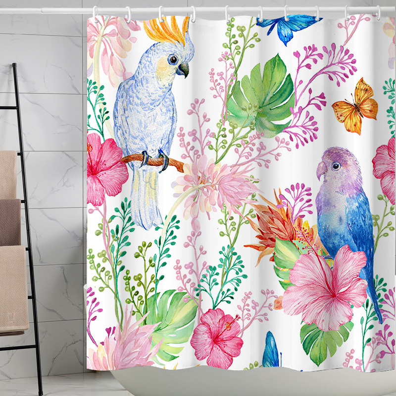 YL-37872 High-definition digital printed floral and bird shower curtain, waterproof, moisture-proof, no-drill bathroom partition curtain
