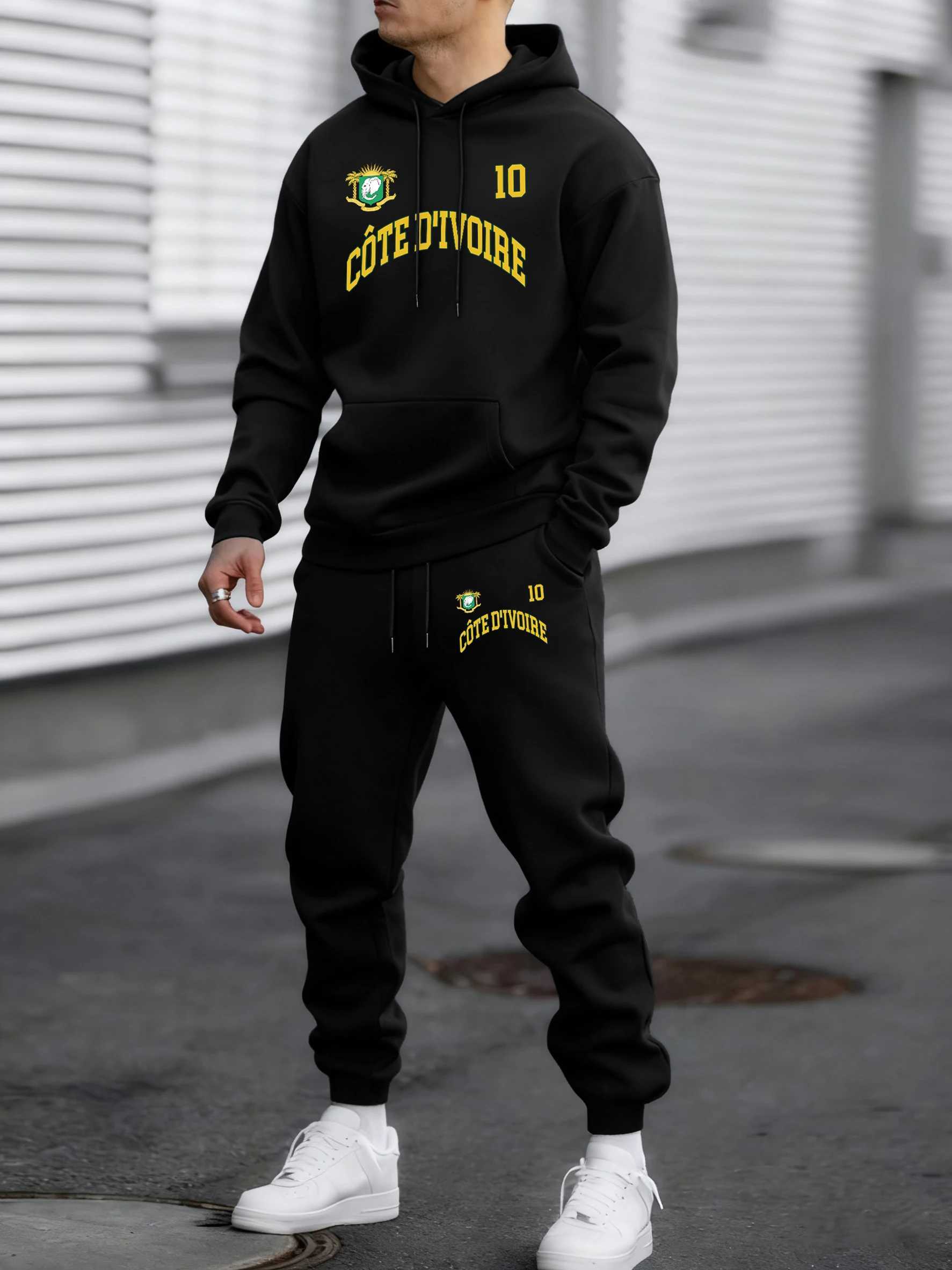 Cote DIvoire Emblem Prints Sport Fashion MenS Hoodies 2 Piece Set Warm Drawstring Britches AutumnWinter Jogging Sweatshirts S25122