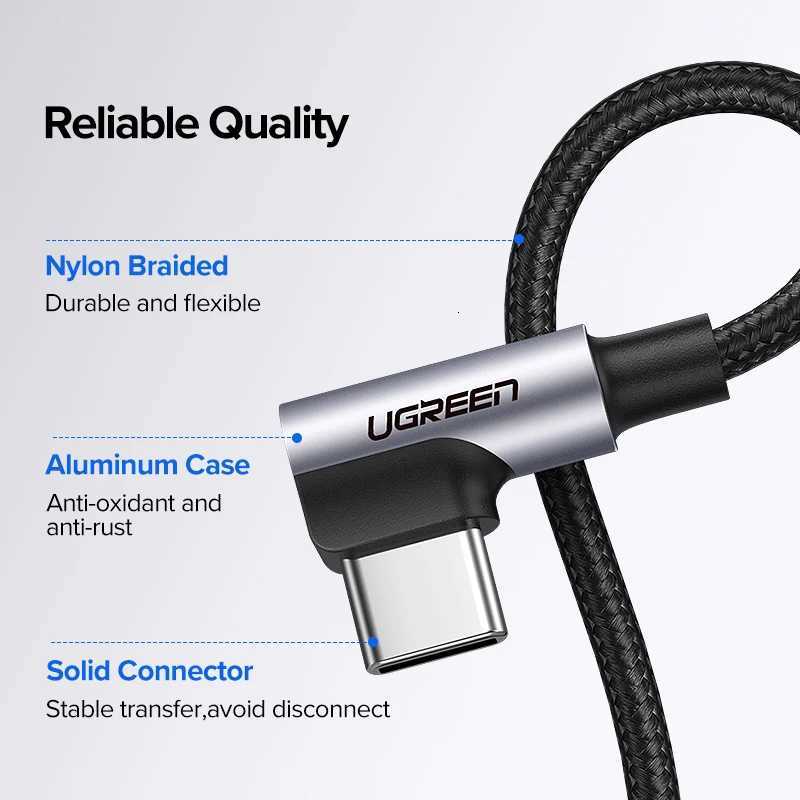 UGREEN Nylon USB C Cable 90 Degree Fast Charger USB Type C Cable for Mi 8 Galaxy S9 Plus Mobile Phone USB-C Cord C251203