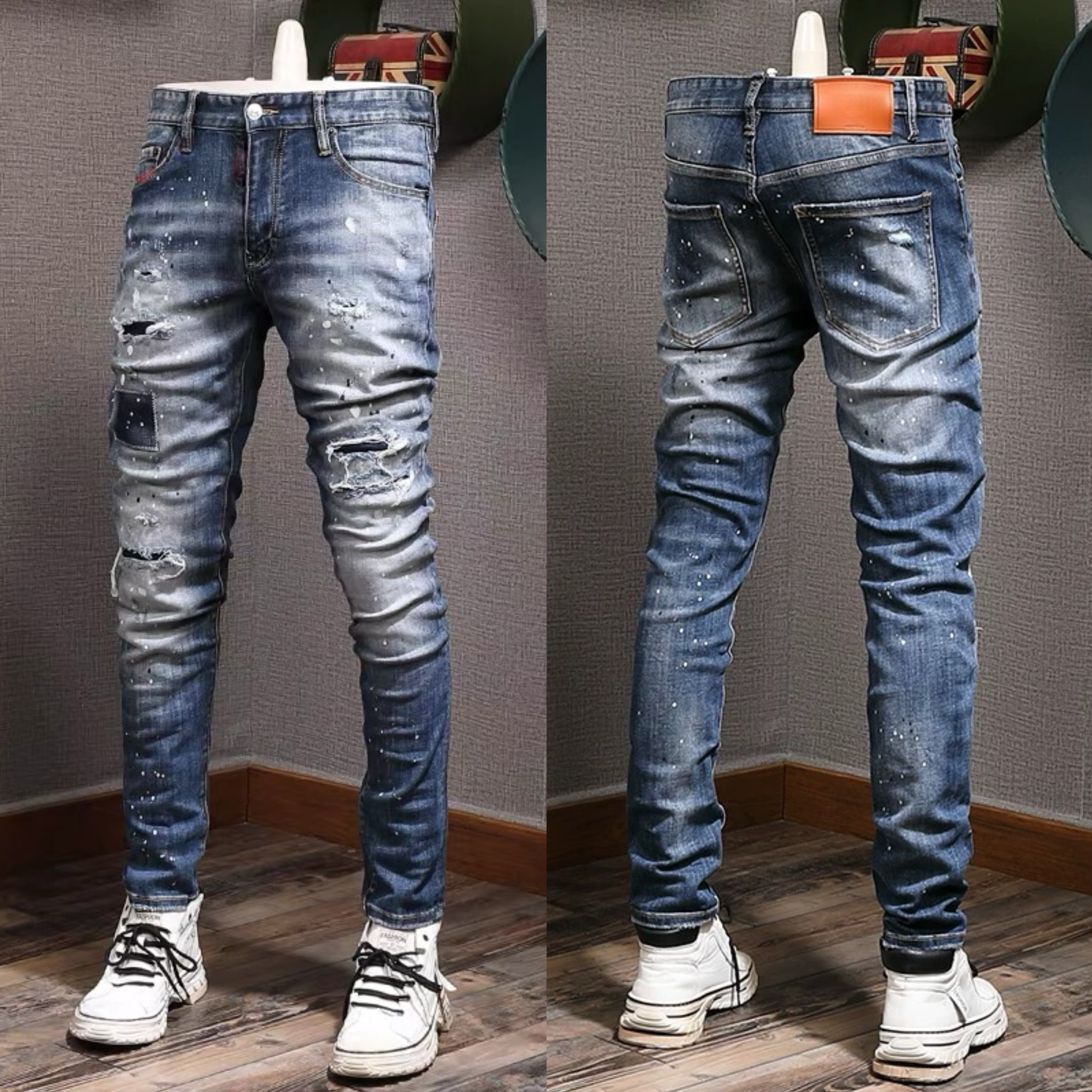 Homme Denim Jeans Distressed Painted Fading Slim Fit