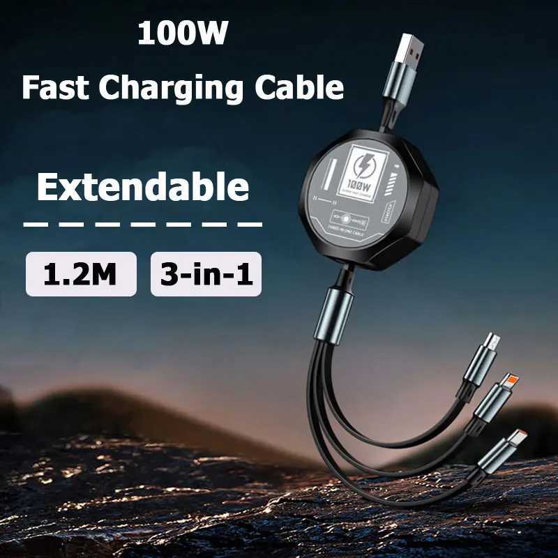 100w 3-in-1 Fast Charging Cable Type C Micro USB Cord for iPhone Phone Charger Wire Extendable Line Tablet C251203
