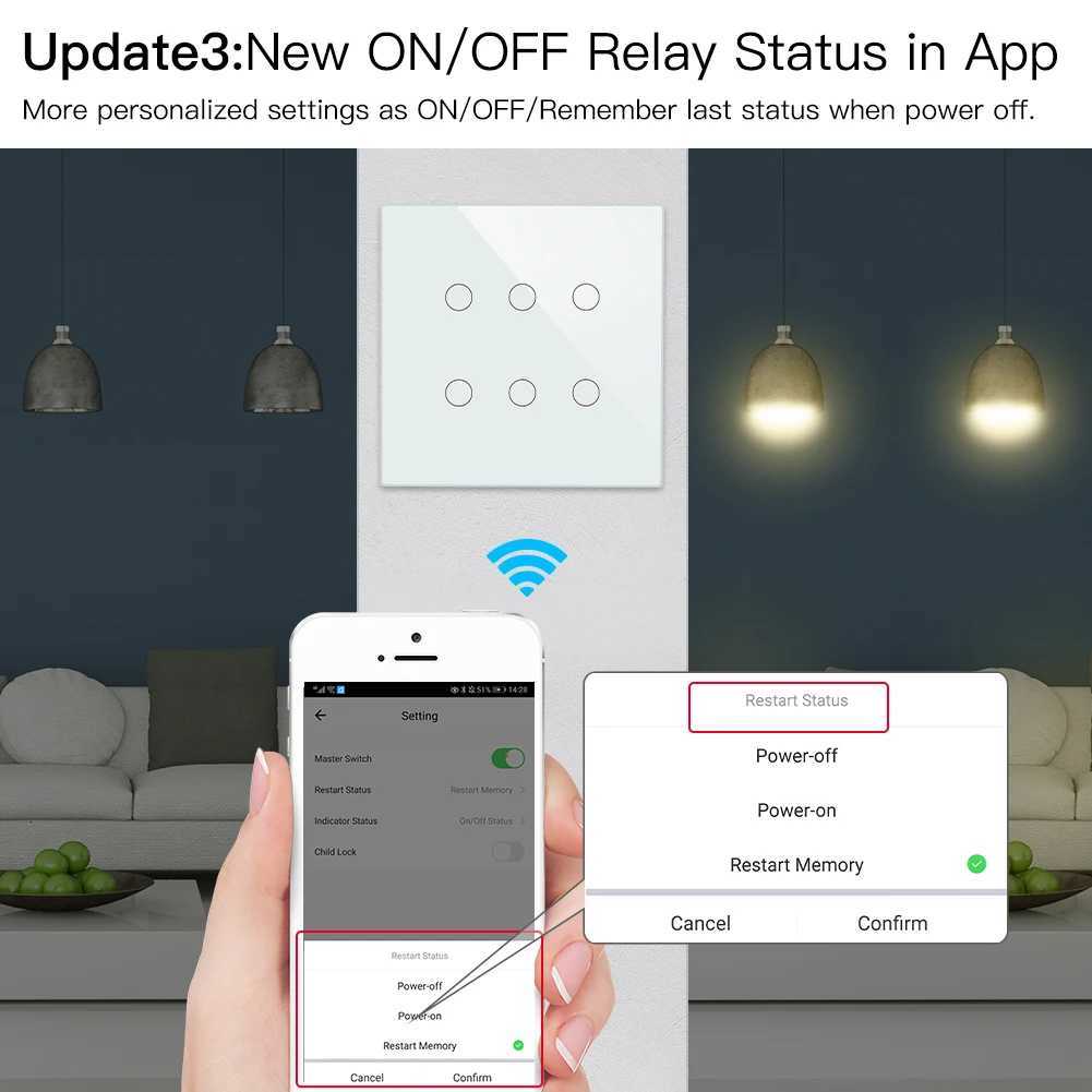 MOES 6-Gang Smart Light Switch, Wi-Fi 6 2/3-Way Multi-Control Wall Switch with Smart Remote Control, Amazon Alexa Compatible, Plastic Housing, CCC Cer