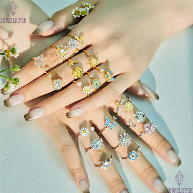 rotatable designer gold ring for woman 925 sterling silver blue butterfly flower pink 5A zirconia diamond womens finger rings jewelry opening adjustab