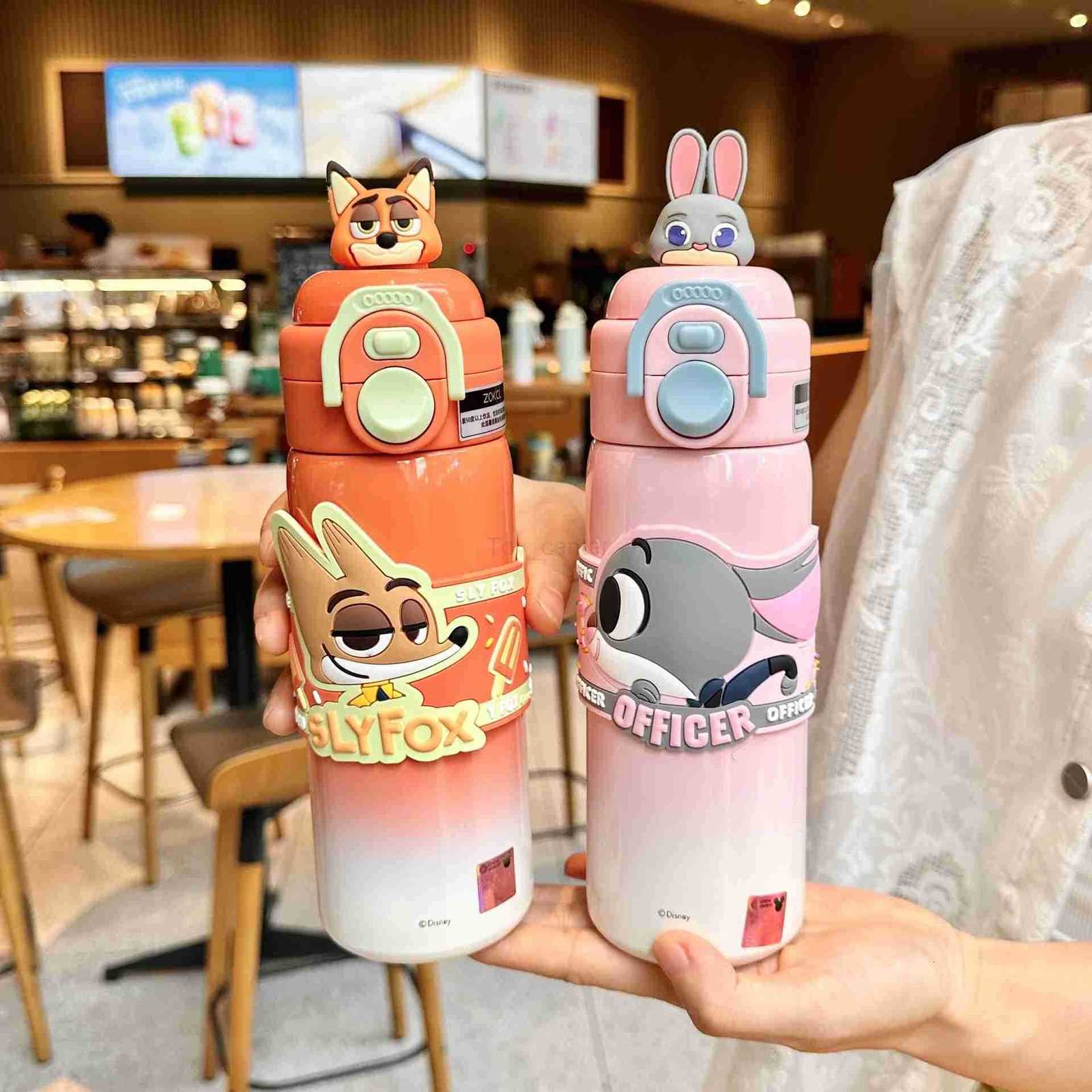 Disney 500ml Topia Thermos Nick Judy Cartnoon Anime Figure Peripheral Hopps Dual-Drinking Straw Cup Stitch Cute Printing Water Cup Gift H251203