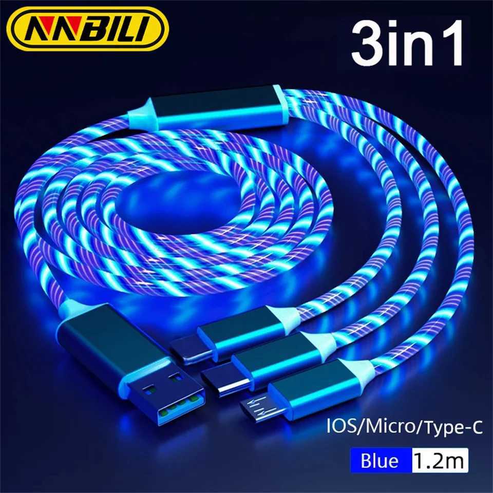 NNBILLI Glowing LED Light 3in1 3A Fast Charging Micro USB Type C Cable For iPhone Redmi Phone Accessories C251203