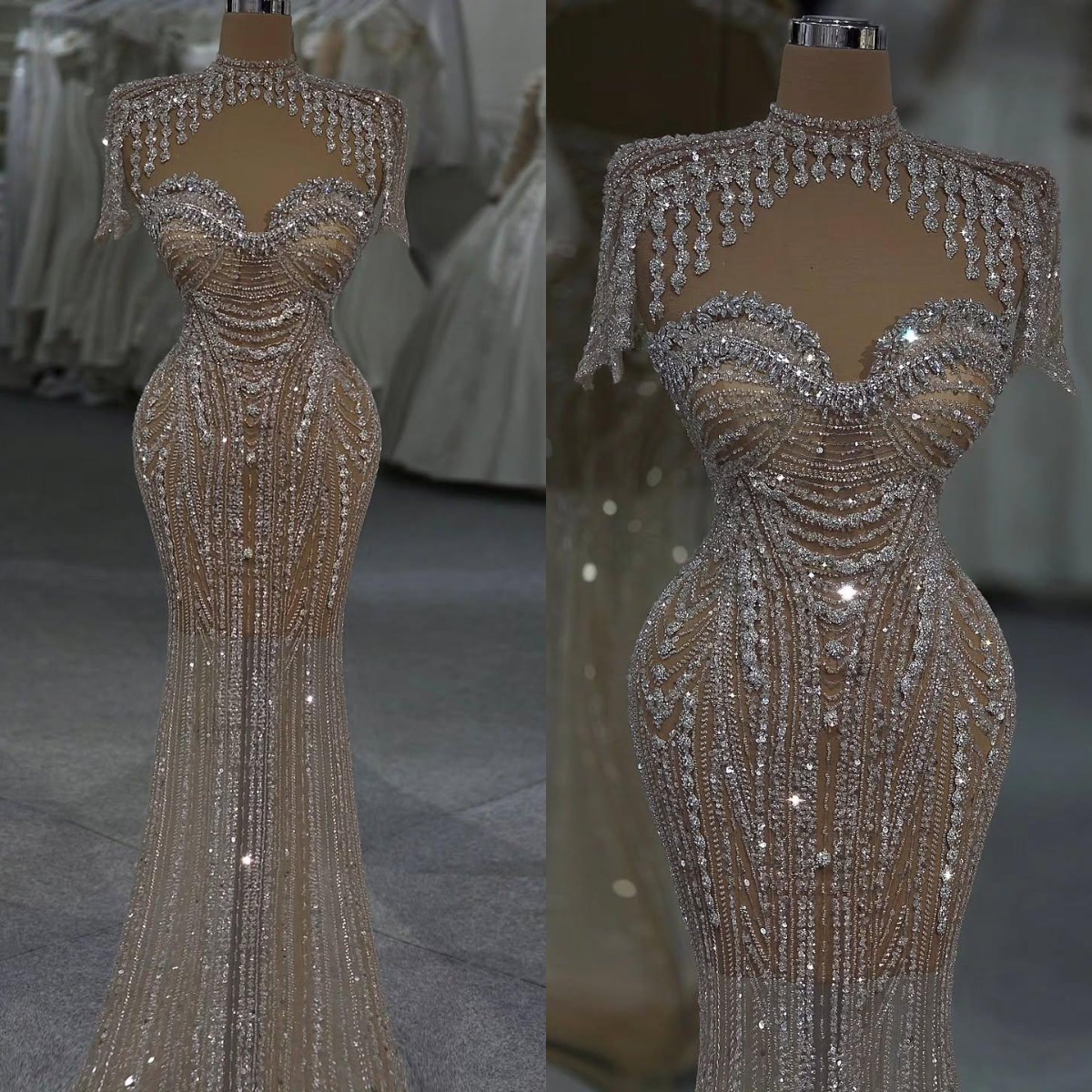 Exquisite Evening Dresses Rhinestone Strapless Prom Gown Sequins Beaded Illusion Cape Princess Mermaid Customized Vestidos De Noche