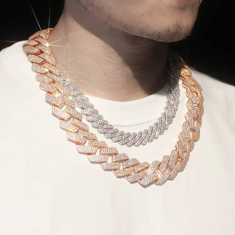 Hot Sale Customizable Miami Style Cuban Chain 255mm Wide 3 Rows VVS Moissanite Pink Color Hip-hop Silver 3 Rows VVS Moissanite