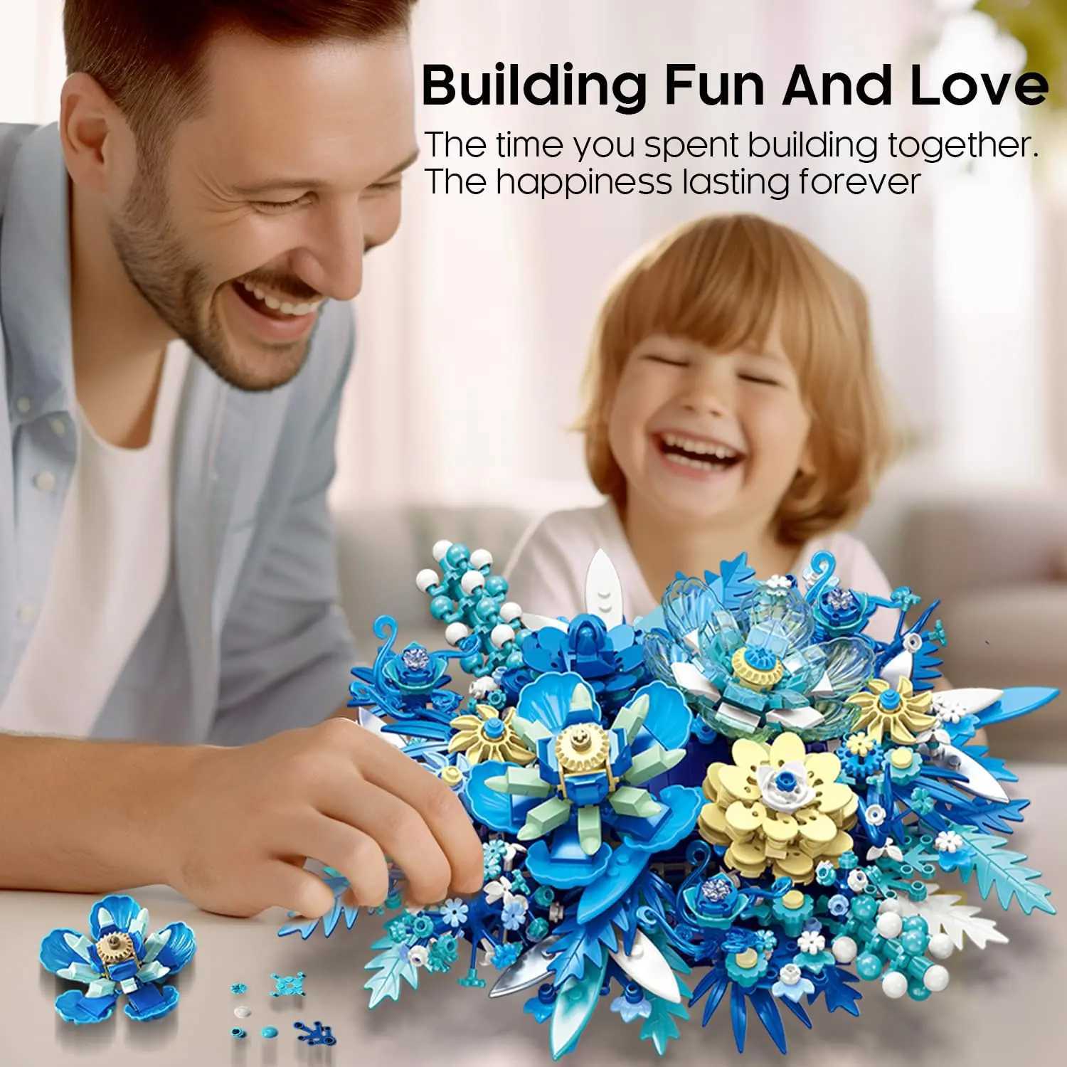 917PCS Preserved Flower Bouquet Building Blocks Fantasy Blue Flowers Assembly Model Bricks Toy Creative He Decor Children Gift C251203