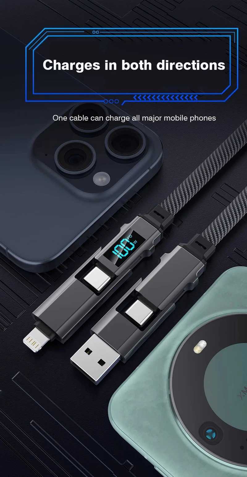 4In1 Flat PD 100W 20V 5A LED Digital Display USB Type C Fast Charging Charger Data Transfer Cable For iPhone 15 14 13 Xi C251203