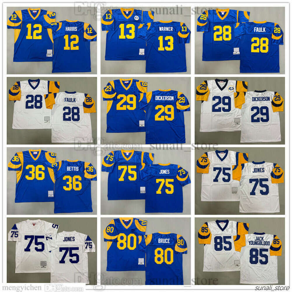 Retro Men's Football Jerseys 29 Eric Dickerson 28 Marshall Faulk 13 Kurt Warner 75 Deacon Jones 80 Isaac Bruce 36 Jerome Bettis 12 James Harris 85 Jack Youngblood Sewed