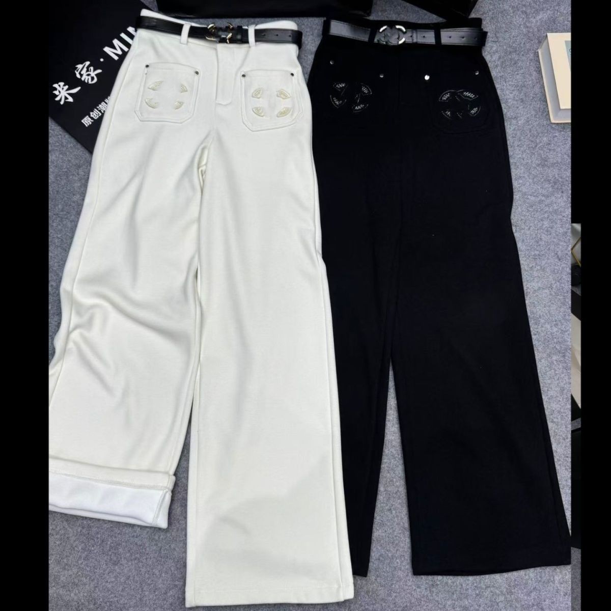 Women winter cashmere wool logo embroidery fashion designer long pants trousers SMLXL