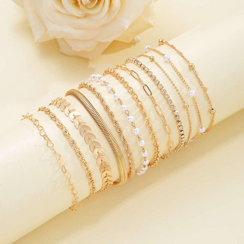 European and American 12-Piece Fashion Metal Minimalist Bracelet Set Leaf Imitation Pearl Beaded Jewelry designer luxury jewelry gold alloy bracelets