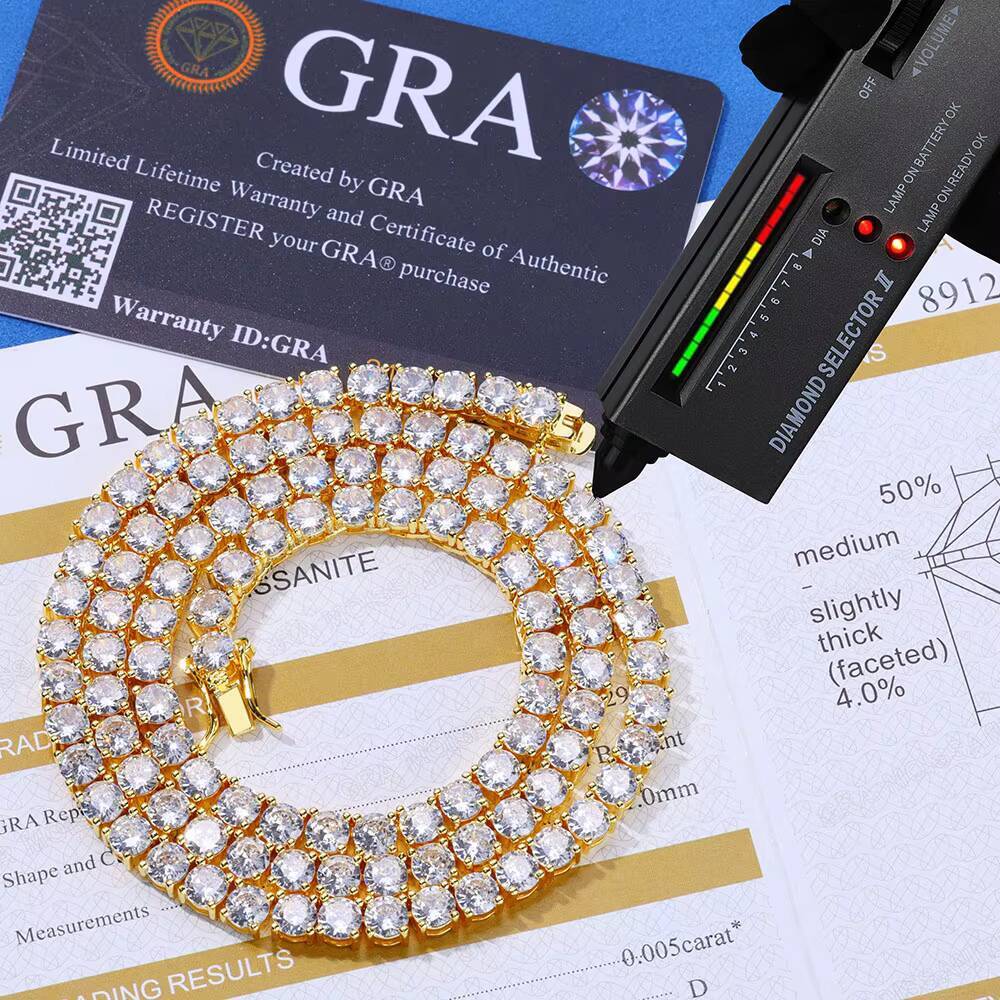 Luxury Lab Diamond Tennis Chain 925 Silver Gold Plated Iced Out 5mm VVS Moissanite Necklace Women Men Unisex Jewelry Gift