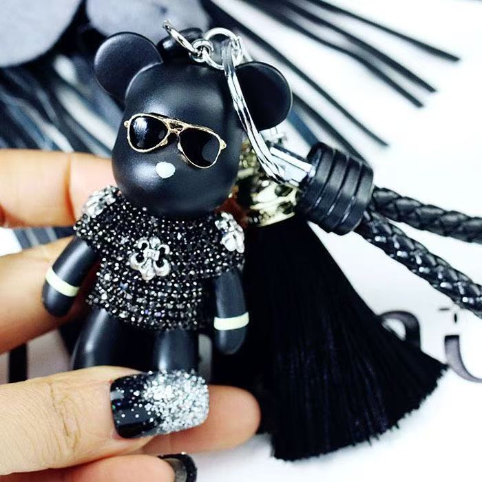 New Love Peace Movable Joints Bear Keychain Men Leather Tassel Key Chain On Bag Car Trinket Women Jewelry Party Gift