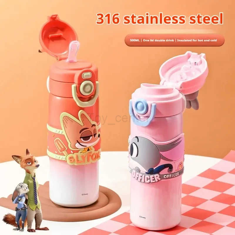 Disney 500ml Stitch Zootopia Cartoon Thermos Nick Judy Hopps Dual-Drinking Straw Cup Cute Printing Student Water Cup Girl Gifts H251203