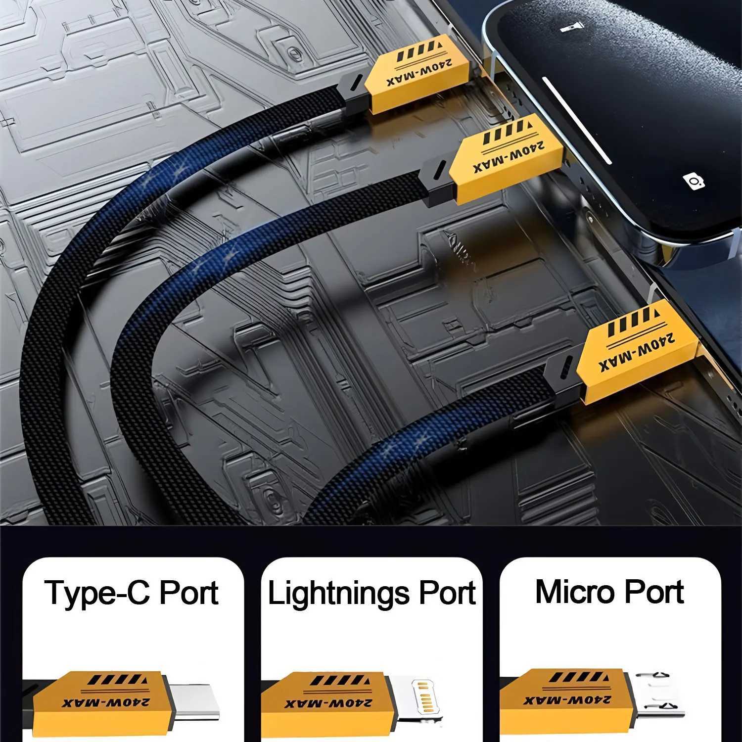 2-in-3 240W USB/Type-c To Type-c/Micro/L er Fast Charging Mecha Data Cable 12M For iPhone Android Notebook/Tablet C251203