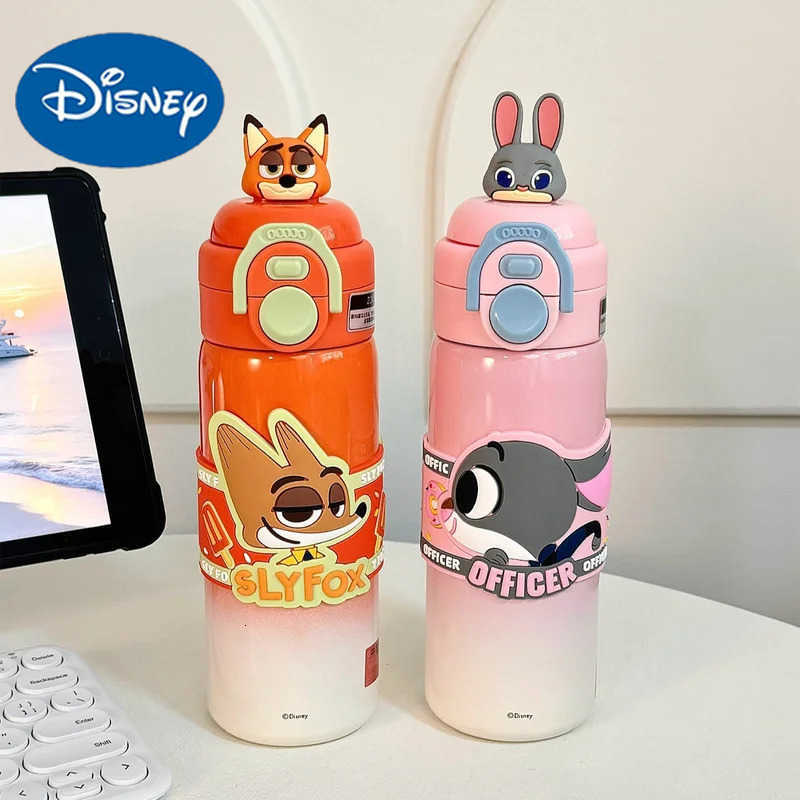 Disney 500ml Stitch Zootopia Cartoon Thermos Nick Judy Hopps Dual-Drinking Straw Cup Cute Printing Student Water Cup Girl Gifts H251203