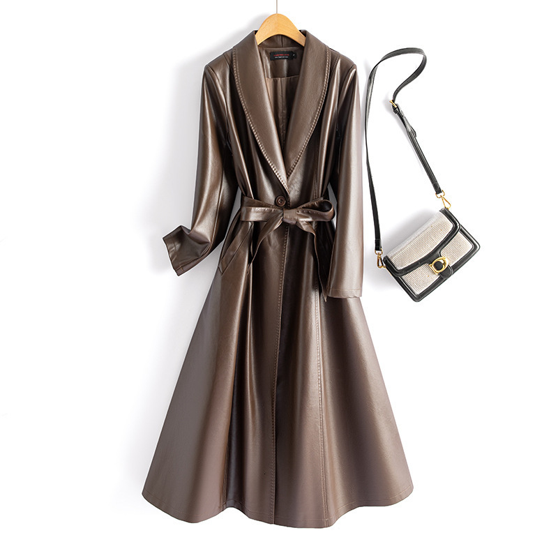 2024 Kafuland Autumn Winter New Korean Style Leather Trench Coat Women PU Leather Jacket Long Slim Fit Leather Coat Plus Size 817 241122