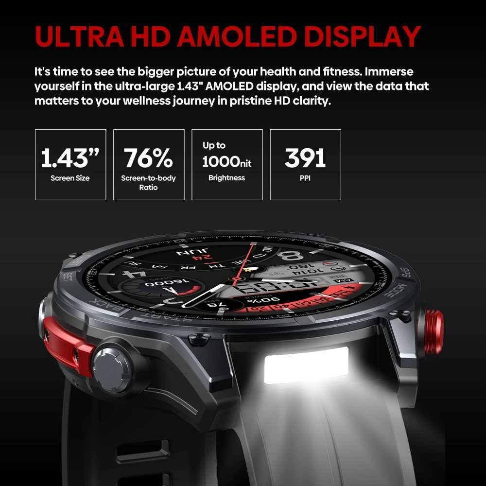 New Ciberer Vertix Stratos 4 GPS Smart Watch 143AMOLED Display Built-in Cpass Flashlight 170 Sports Modes 5 ATM Smartwatch C251203