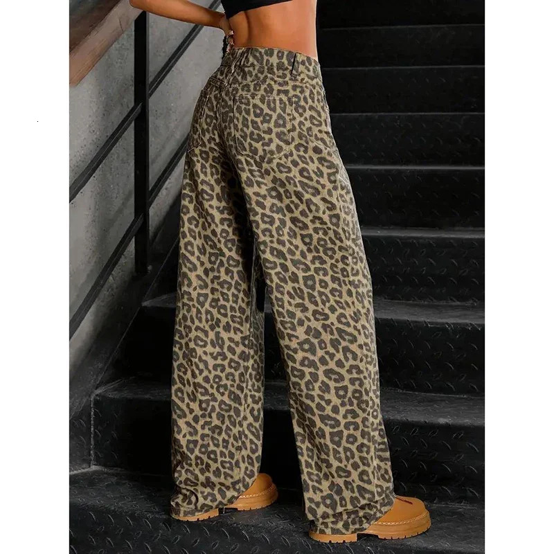 Female Retro er Straight Leg Jeans Pants Lady Fashion High Waist Denim Pants Women Leopard Print Baggy Trousers251129