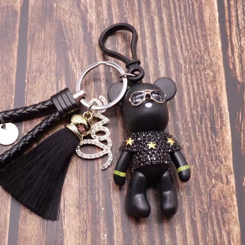New Love Peace Movable Joints Bear Keychain Men Leather Tassel Key Chain On Bag Car Trinket Women Jewelry Party Gift