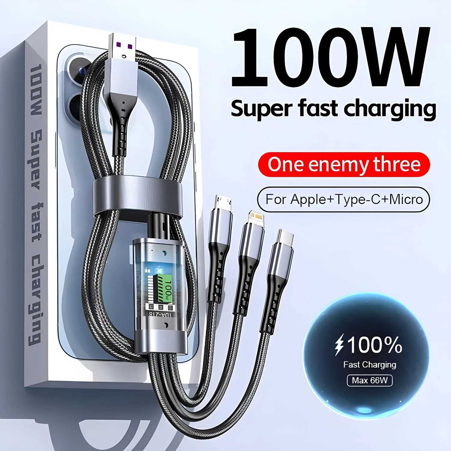 3 In 1 100w Fast Charging Cable Lightning Type C Micro USB For Iphone Tablet Charger Cables C251203