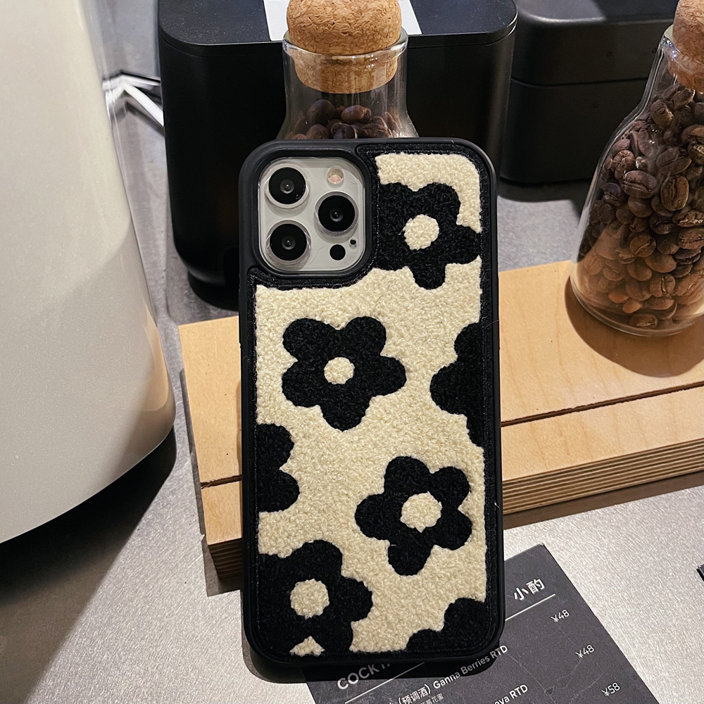 Plush Embroidered Black Flower Phone Case for iPhone 17 Pro Max, Apple 16/15/14, Autumn Winter Shockproof Cover