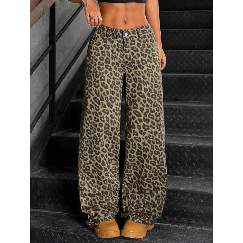 Female Retro er Straight Leg Jeans Pants Lady Fashion High Waist Denim Pants Women Leopard Print Baggy Trousers251129