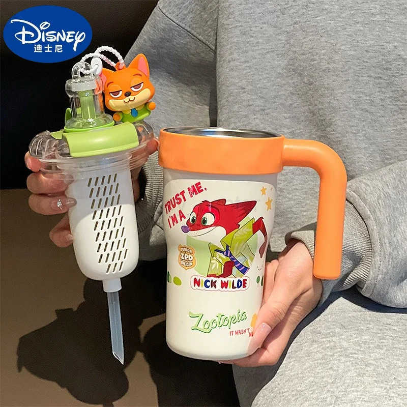 Disney 800ml Water Cup Zootopia Judith Nick Cartoon Anime Printing Accessories Kawaii Office Straw Cup with Handle Holiday Gift H251203