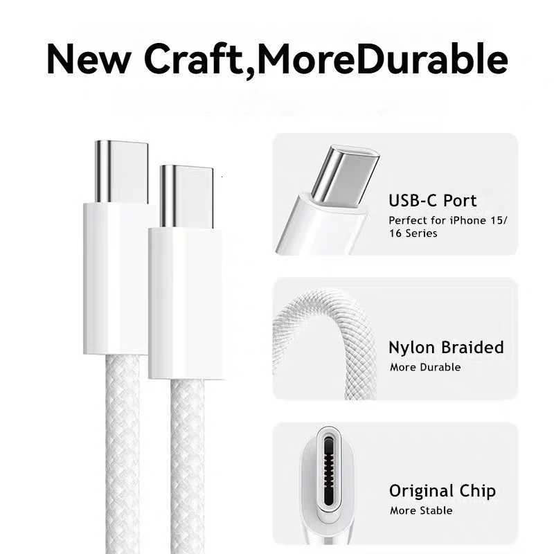 10 PCS 60W PD USB-C Fast Charging Braided Cable For iPhone 15 16 Pro Max Redmi Type C Cables With Retail Box C251203