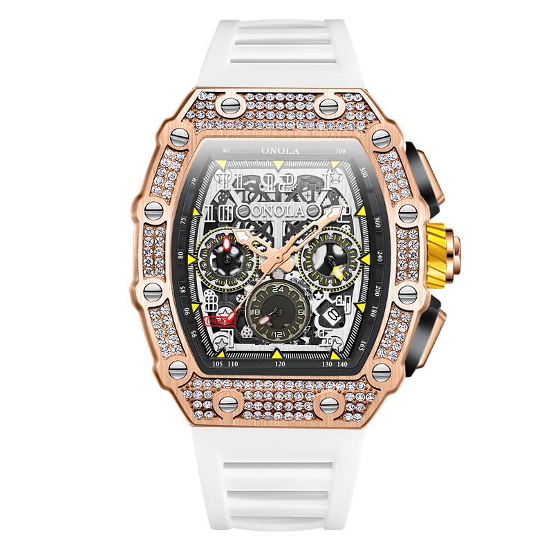 ONOLA Men's Skeleton Diamond Watch 43mm Luminous Rose Gold Diamond Dial Black Silicone Strap Cool Crown 50M Waterproof Quartz
