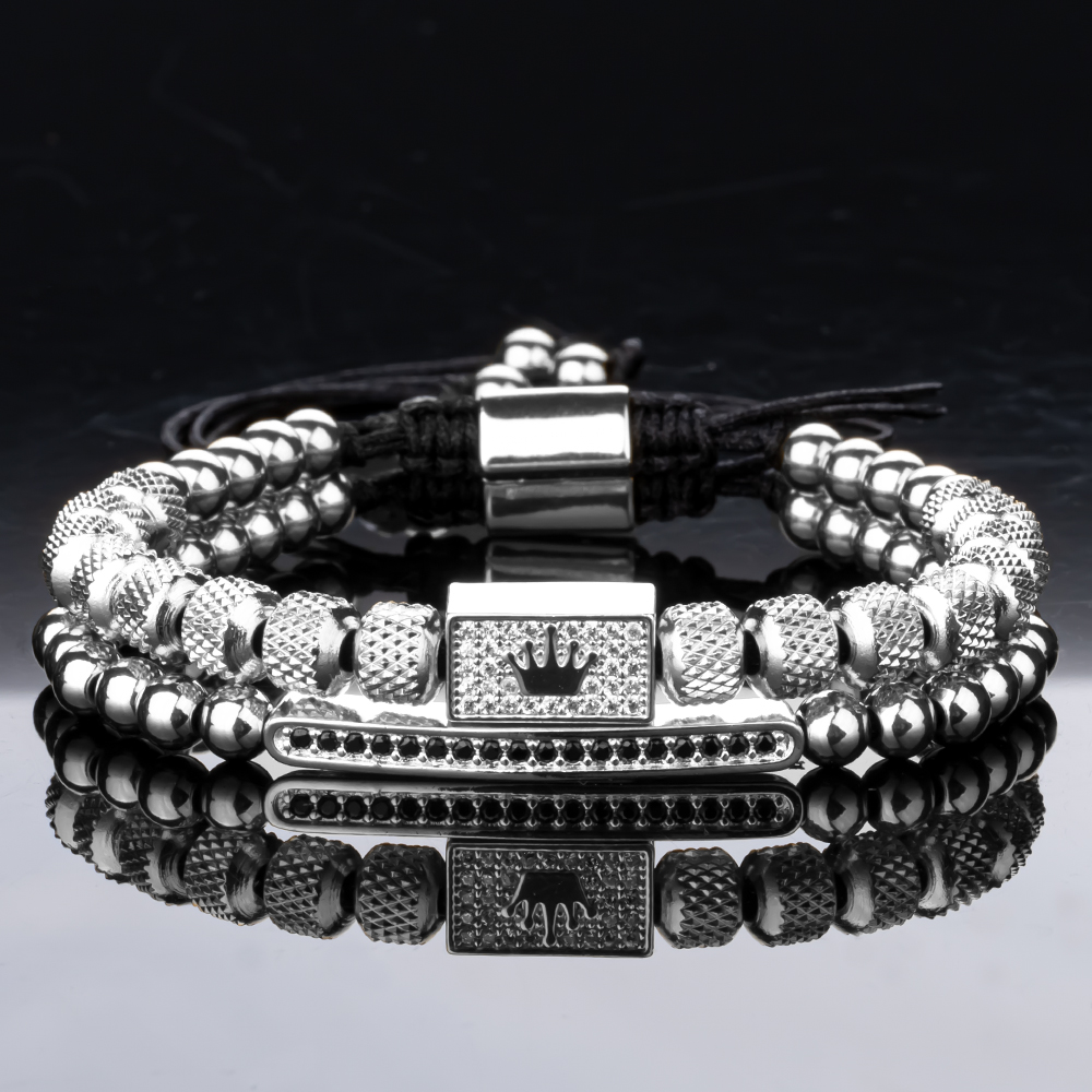 2pcs/set Charm Bracelet Men Stainless Steel Bracelet Beads Gold Color Bracelet For Men Cz Zircon Crown Bracelet