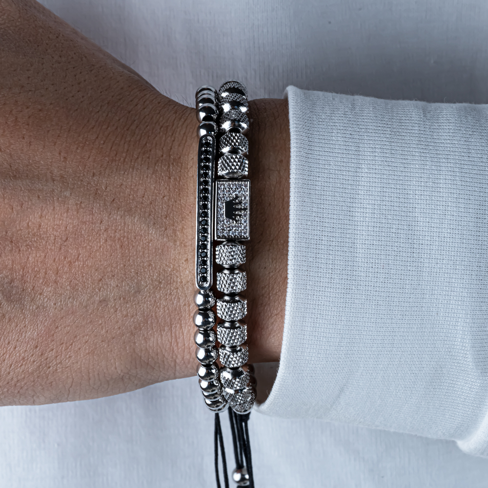 2pcs/set Charm Bracelet Men Stainless Steel Bracelet Beads Gold Color Bracelet For Men Cz Zircon Crown Bracelet