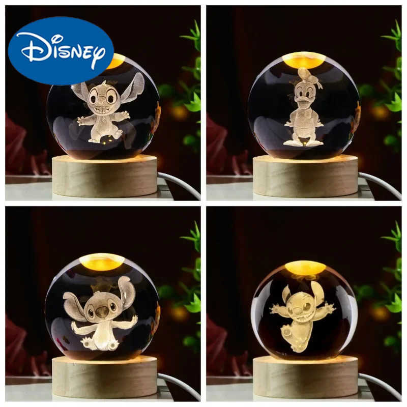 Disney Cartoon Lilo Stitch Night Light Crystal Ball Cute 3D Glass Balls Table Lamp LED Desktop Decoration Christmas Gift Toy H251203