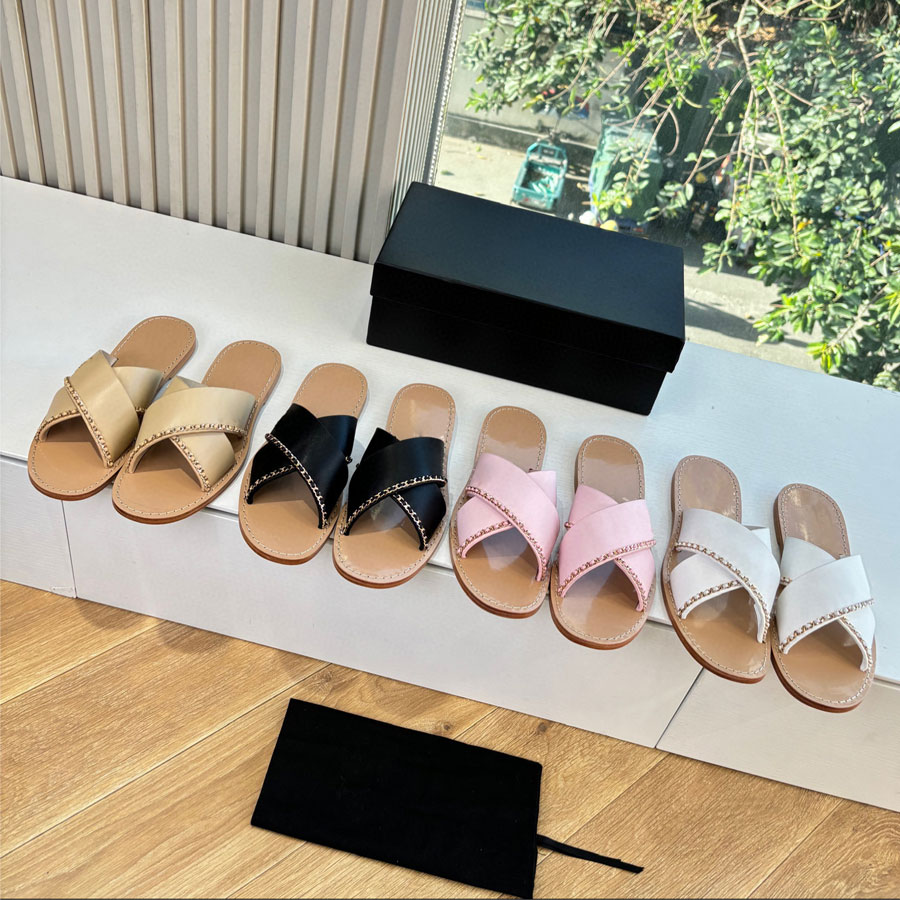 top quality casual genuine leather new women's Chain flat slides open toe Beach sandals Vacation mules shoes dress Luxury slide designer shoe woman slippers summer
