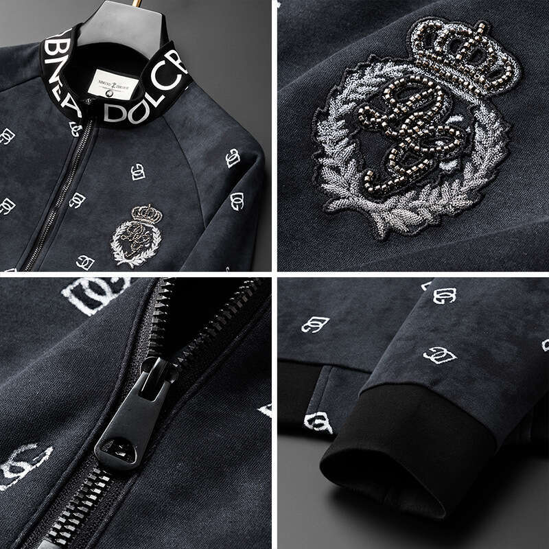 Light Luxury Clothing 2025 Autumn Winter New Letter Burnt Flower Jacket Men's Personalized Embroidery Stand Collar Sweatshirt Men