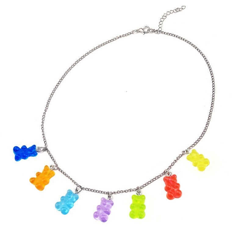 Popular accessory: multicolored cartoon resin teddy bear necklace, candy-colored teddy bear, cool girl-style personalized sweater chainXJ250912