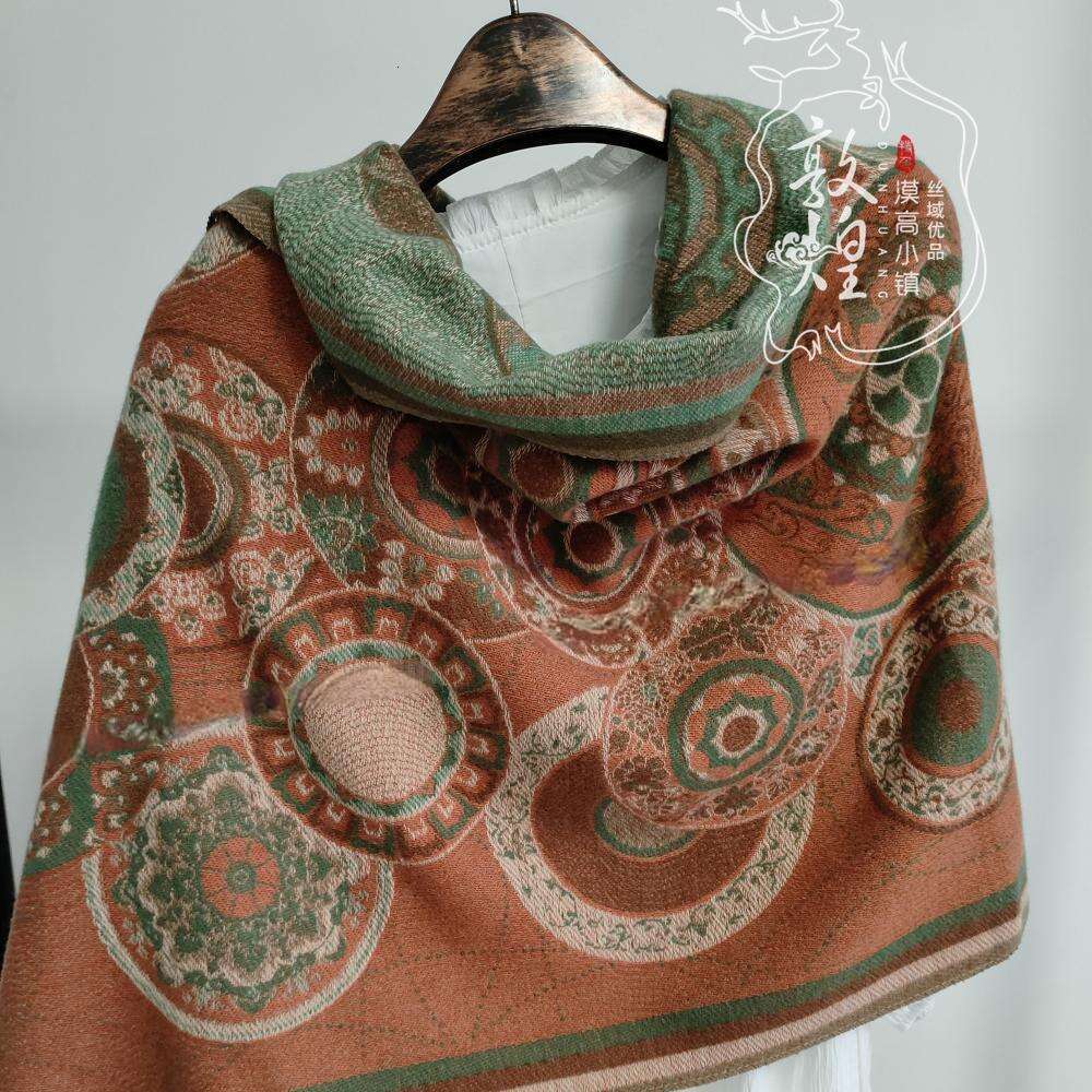 DHcollections Dunhuang Cave Art Chenille Shawl Nine Color Deer Lotus Flying Apsaras Reversible Scarf Wrap 70x180cm