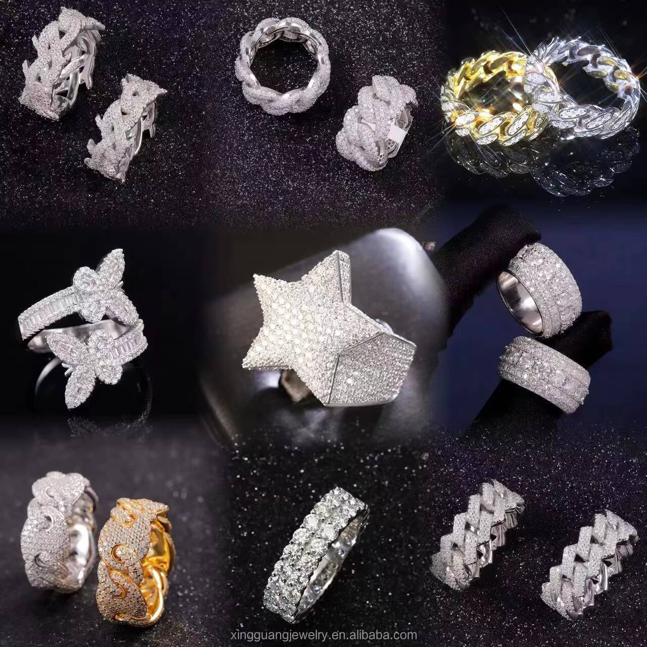 XingGuang in Stock Wholesale Price Moissanite Jewelry Cross 925 Silver Iced Out 2row Diamond Cuban Rings Moissanite Hip Hop Ring