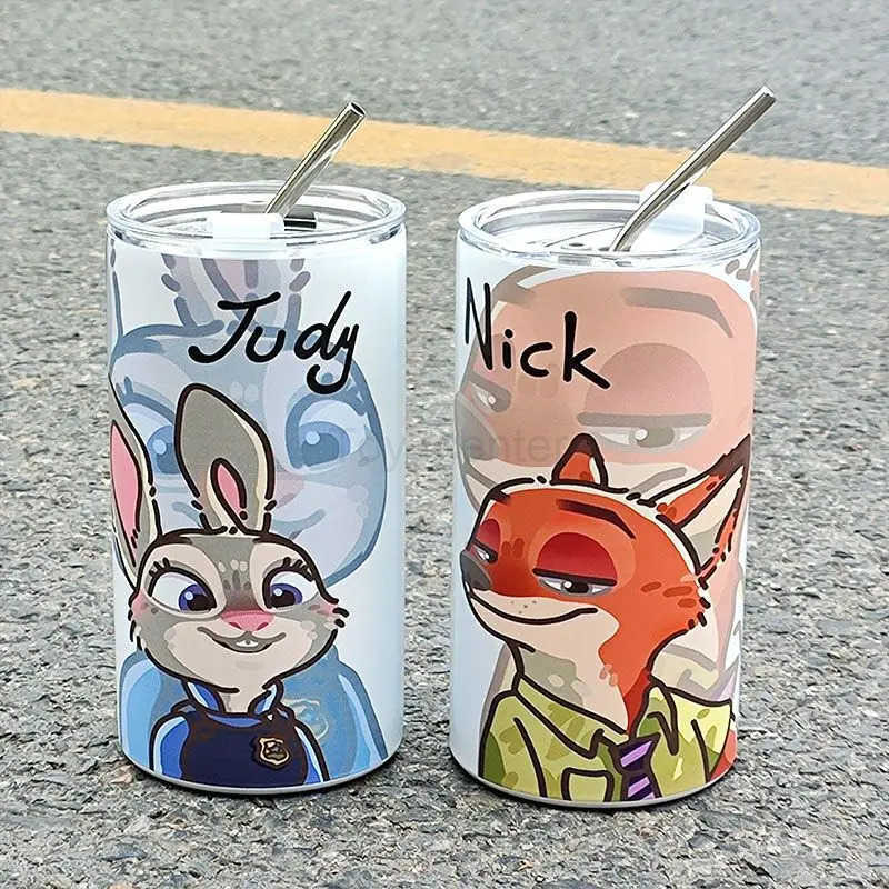 Disney 600Ml Zootopia Nick Wilde Judy Hopps Straw Cup 304 Stainless Steel Student Portable Anti-Fall Coffee Cup Cute Water Cup H251203