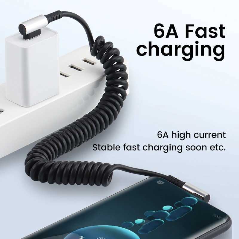 6A USB Type C Data Cable 90 Car USB Spring PD Fast Charging Cable for iPhone 15 Sumsung Honor C251203