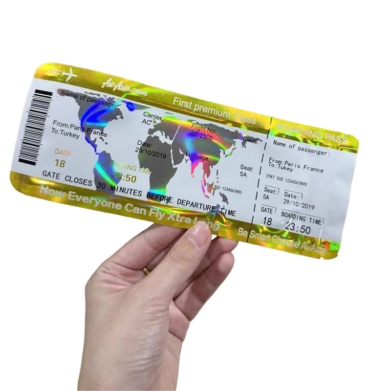 100pcs Holographic Travel Boarding Pass Shape Storage Bags Mylar Bag Laser Candy Pouch Zipper bag Self-Sealing Packaging Bags