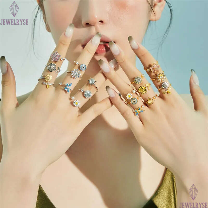 rotatable designer gold ring for woman 925 sterling silver blue butterfly flower pink 5A zirconia diamond womens finger rings jewelry opening adjustab