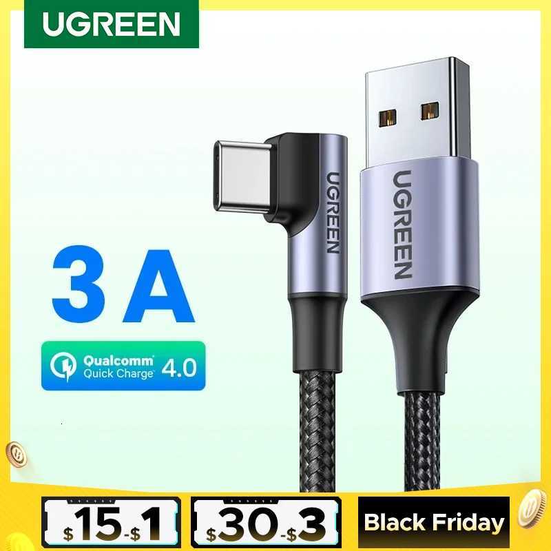 UGREEN Nylon USB C Cable 90 Degree Fast Charger USB Type C Cable for Mi 8 Galaxy S9 Plus Mobile Phone USB-C Cord C251203